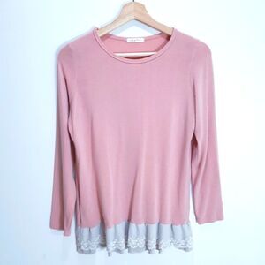Soft Rose Pink Long Sleeve Top with Lace Frill Hem